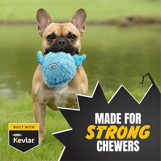 Bite Force - Durable & Strong Dog Toy Blue Whale with Squeaker, Kevlar-Reinforced Seams for Aggressive chewers- Blue.