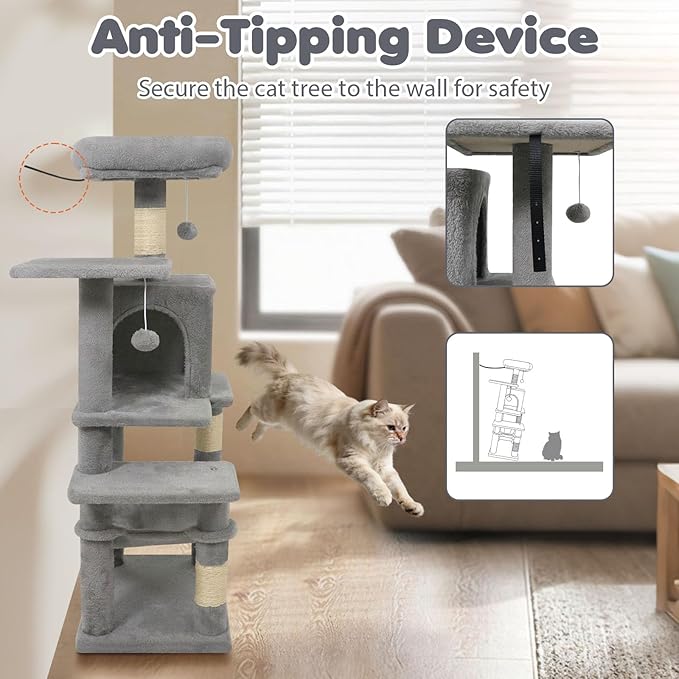 Tangkula Cat Tree Tower, 44 Inch Multi-Level Cat Tower with Sisal Scratching Posts, 2-Door Condo, Padded Top Perch & Hammock, 2 Hanging Balls, Jumping Platforms for Indoor Cats (Light Gray)