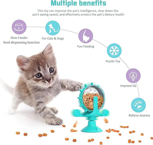 Interactive Cat Food Treats Dispenser Toy for Indoor Cats, 360° Rotating Windmill Suction Cup Toys for Small Pet, Puzzle Original Slow Dog Feeder Snack Distribution & Exercise Wheel Toy (Lake Blue)