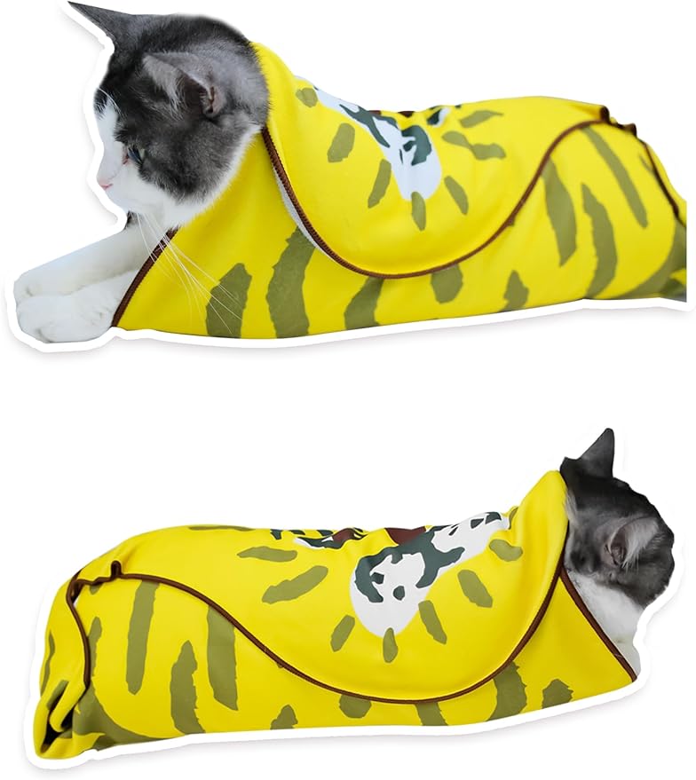 BFNN Cat Grooming Wrap for Cutting Nails, 27.6" Anti-Escape Calming Cat Swaddle Wrap for Medicine, Nail Clipping, Teeth Brushing, Ear Cleaning, Self-Adherent Burrito Restraint, (Tiger Print, L)