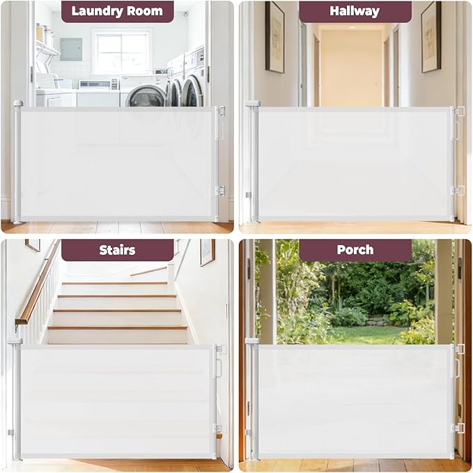 Retractable Baby Gates for Doorways, 58" Extra Wide Mesh Child Dog Gate for Stairs, 34" Tall Toddler Pet Gate Indoor and Outdoor, Easy Install, Essential for Home Safety, White