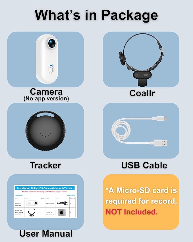 Cat & Dog Camera Collar with Phone APP, 1080P HD Video Recording Pet Camera Collar â Lightweight Pet POV Cam for Curious Cats & Adventurous Pups (XS-with Tracker)