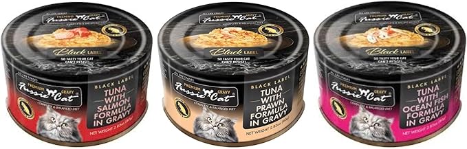 Felicia's Fabulous Finds Wet Chunks Cat Food in Gravy 3-Flavor Variety Bundle: Tuna with Salmon, Prawns or Ocean Fish (4 of Each Flavor, 12 Cans Total, 2.82 Ounces Each) Plus Silicone Lid
