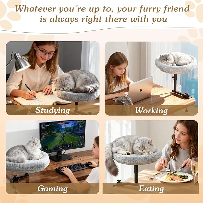VERIFOST Cat Bed for Desk with Adjustable Height & 360 Rotation Elevated, Heavy-Duty Cat Desk Bed for Small Space, Soft & Comfortable Modern Unique Kitten Furniture, Indoor Cats Up to 60 lbs (Gray)