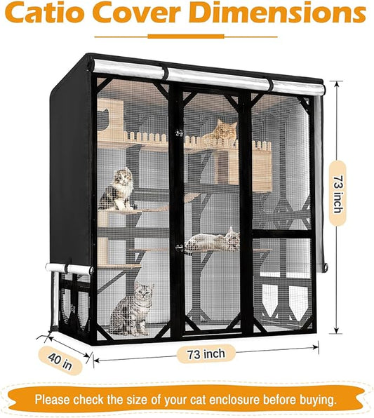 Catio Cover,73"L x 40"W x 73"H Cover for Catio Outdoor Cat Enclosure Waterproof, 420D Cat Cage Covers for FunXplore Large Cats Catios, Outdoor Cats Enclosure Covers(Black)(Catios Not Included)