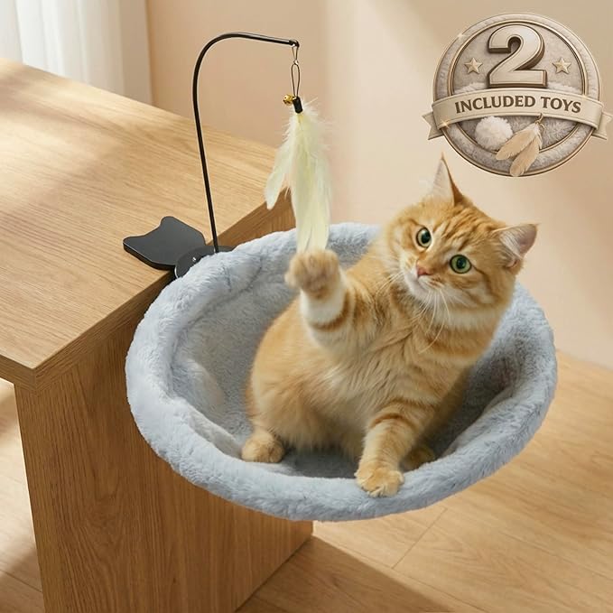 Cat Desk Bed for Home Office – Plush Clamp-On Cat Hammock with Hanging Feather and Ball Toy, Non-Slip Heavy-Duty Mount, Space-Saving Desk Mounted Cat Bed for Remote Workers Supports 40 lbs