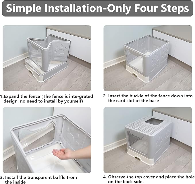 Foldable Cat Litter Box with Lid, Enclosed Potty, Large Top Entry Anti-Splashing Toilet, Easy to Clean Including Litter Scoop and 2-in-1 Cleaning Brush (Grey)