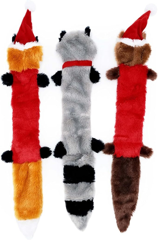 ZippyPaws Skinny Peltz - No Stuffing Dog Toys to Keep Them Busy, for Medium and Large Dogs, Squeaky Unstuffed Chew Toys for Pets, Soft Plush Variety Pack, Fox, Raccoon, & Squirrel - Holiday 3-Pack