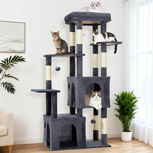 GarveeLife 61" Multi-Level Cat Tree for Indoor Cats, Heavy-Duty Tower for Large Adult & Maine Coon Cats with Oversized Perch, Dual Condos, Natural Sisal Scratching Posts & Play Toys – Dark Gray