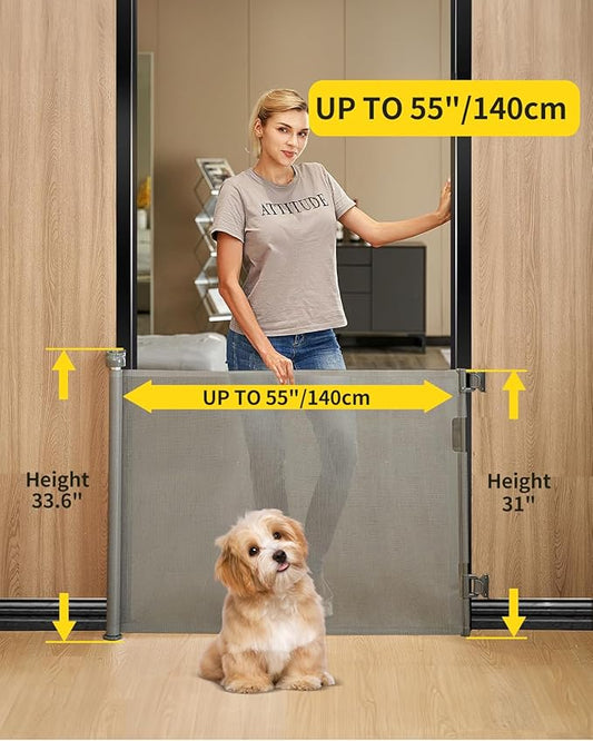 2-Pack Retractable Baby Gate for Stairs-33βHeight, Expands up to 55βWidth-Safety Gate for Infants, Toddlers, Dogs & Pets-Easy Install, Secure Closure, Gray Mesh Design for Indoor & Outdoor Use