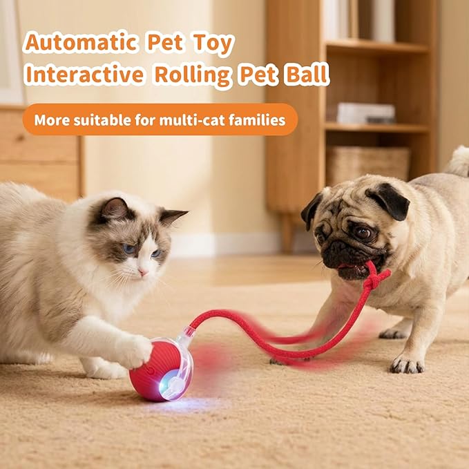 Interactive Cat Toys for Indoor Cats Smart Automatic Ball Rolling for Bored Kitten Pet Upgraded Speedy Moving Chase Dogs Toy Valentine's Day Gift Red