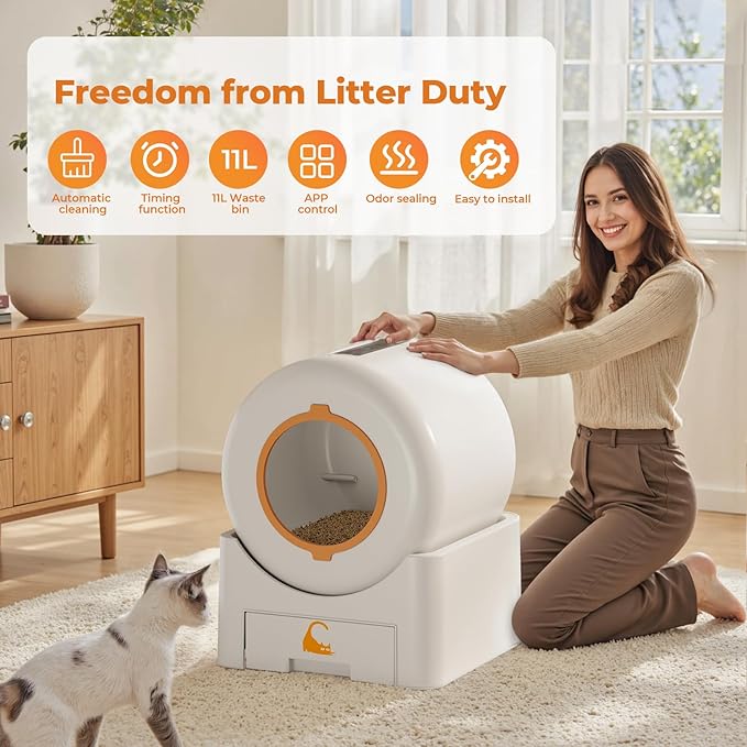 Self Cleaning Litter Box, Large Capacity Automatic Litter Box with Auto Safety Sensors for Safety Protection Enhanced Whisper-Quiet Cat Litter Box with APP Control for Multiple Cats, White