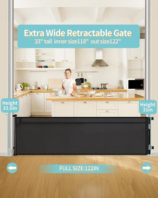 Retractable Baby Gate for Stairs โ 33โ Height, Expands up to 118โ Width โ Safety Gate for Infants, Toddlers, Dogs & Pets โ Easy Install, Secure Closure, Black Mesh Design for Indoor & Outdoor Use