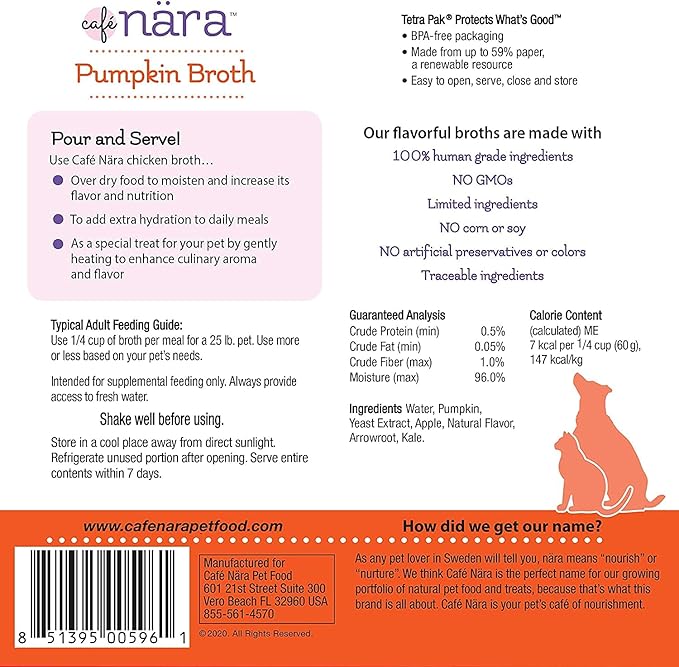 Café Nara Grain-Free Pumpkin Broth Wet Food Topper for Dogs & Cats - 100% Natural, Healthy Hydration - 1.1 lbs (Pack of 12)