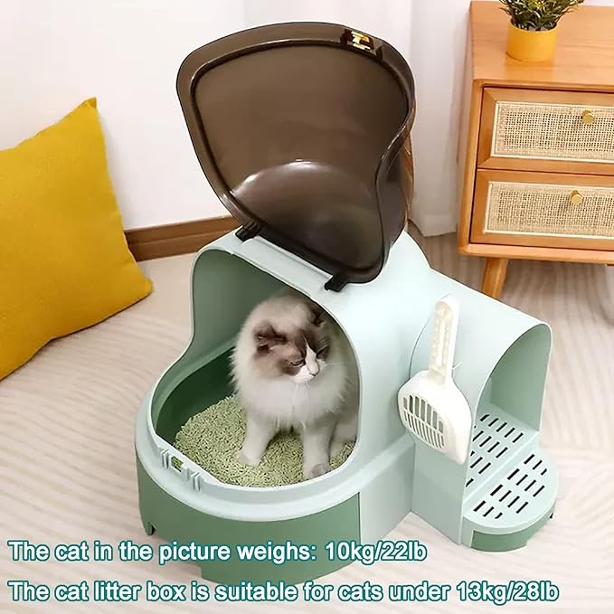 Cat Litter Box, Front Entry Cat Litter Box with Lid, Covered Kitten Litter Tray,Corridor-Type Odor-Proof Litter Box with Sand Drawer Including Cat Litter Scoop (Color : Green)
