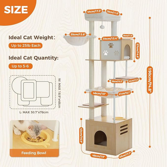 PAWZ Road Large Cat Tree with Food Station, 74.8 Inches Wooden Tall Cat Tower with Extra Large Condos and Hammocks,Spacious Perch,Sisal and Steel Posts, Scratching Mat for Indoor Adult Cats-Beige