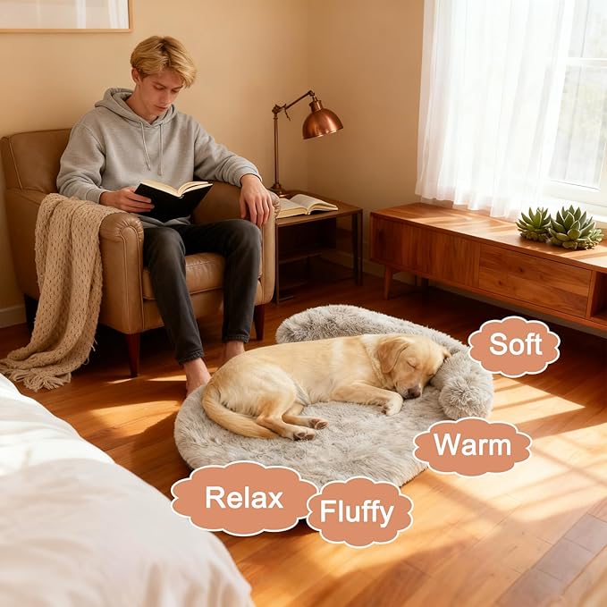 Calming Dog Beds for Medium Large Dogs, Orthopedic Cushion Plush Large Pet Bed Lounge with Washable Cover, Anti-Anxiety Soft Fluffy Faux Fur Fits up to 60 lbs Pets (Oval, Beige 40"x30")