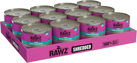 Rawz Natural Premium Shredded Canned Cat Wet Food - Made with Real Meat Ingredients No BPA or Gums - 5.5oz Cans 24 Count (Chicken & Duck)
