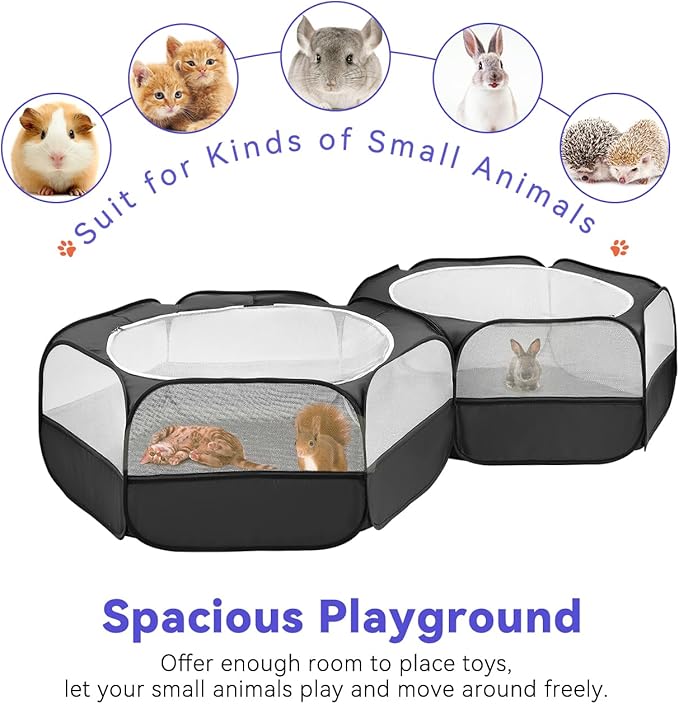 Pawaboo Extra Large 2-in-1 Small Animals Playpen, 2 Detachable Pet Cage Tent with Zipper Splicing, Portable Outdoor Yard Fence with 3 Metal Rod for Chick/Kitten/Puppy/Guinea Pig/Rabbits, Black
