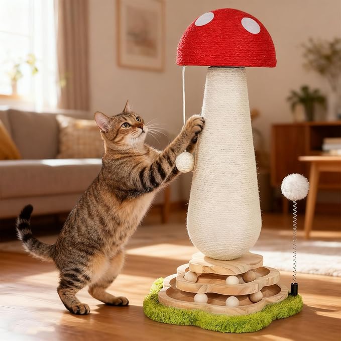Mushroom Cat Scratching Post Cat Tree, Cute Cat Scratcher Tower with Interactive Ball Two-Layer Track Spring Ball Toys, Mushroom Scratch Post Cat Sisal Scratcher with Catnip for Indoor Cats