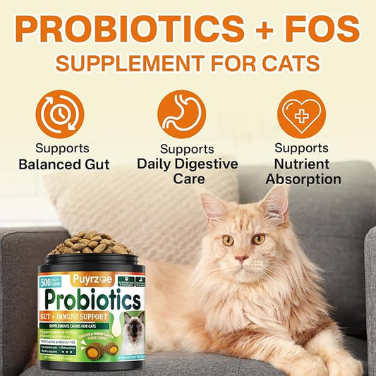 Cat Probiotics + Multivitamin– 500 Chews Crunchy & Creamy Cheese Core with 8-in-1 Support for Immune - Skin & Coat, Digestion, Heart, Bone, and Brain Health for All Cats