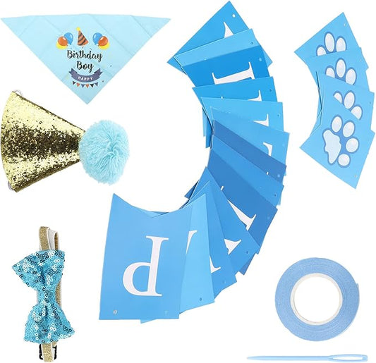 Dog Birthday Party Supplies Set with Hat Scarf Bow Tie, Reusable Pet Birthday Decorations for Small to Medium Dogs, Includes Streamers Ribbon and Pin for Photo Shoots