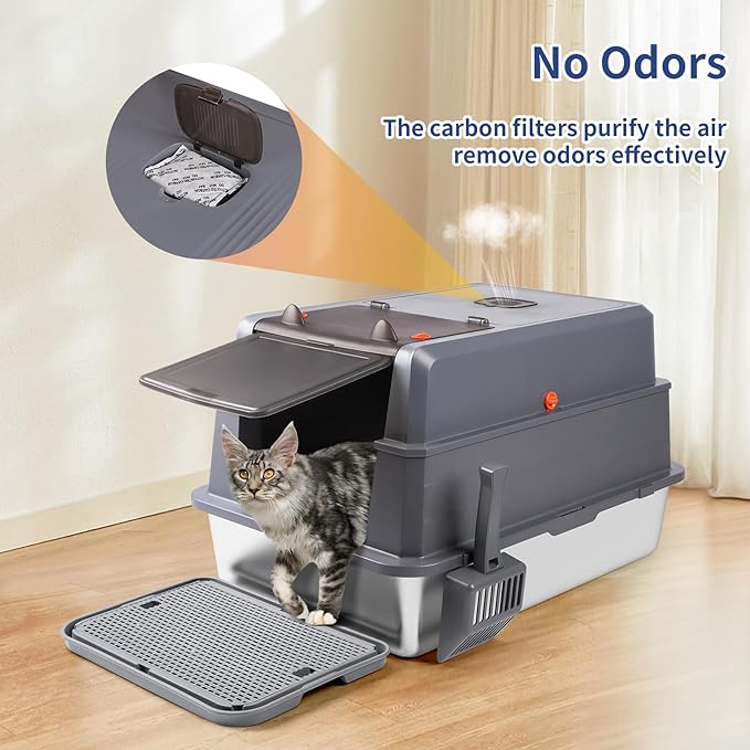 XXXL Stainless Steel Litter Box with Lid, Extra Large 28" L x 20" W x 17" H Enclosed Metal Cat Litter Box with Litter Scoop & Foot Pedal, Odor Control for Big Cats, Multiple Cats (Dark Grey)