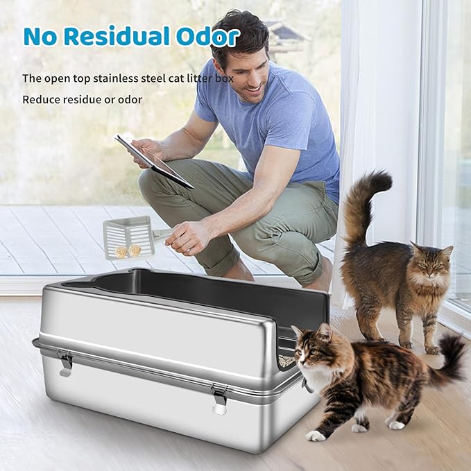 Extra Large Stainless Steel Cat Litter Box, 27.5" L x 19.7" W x 12" H XXXL Semi Enclosed Removable Metal Litter Tray with High Sided Enclosure, Scoop, Anti-Leakage, Non-Sticky, Easy Cleaning