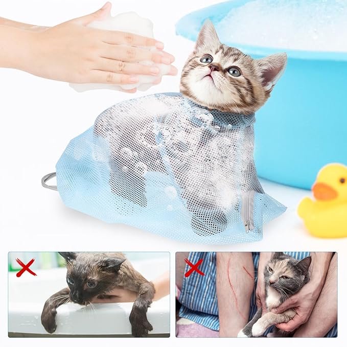 POPETPOP Cat Bathing Bag with Muzzle Adjustable and Breathable Washing Bag for Cats for Shower Nail Trimming and Grooming