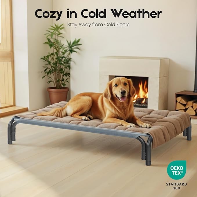 Elevated Dog Bed Raised Outdoor Dog Cot for Medium Dogs, Installation Requires No Tools, Frame with Washable Cooling Breathable Mesh Anti-Slip Feet, Indoor Pet Bed, Grey, 35.4 Inches