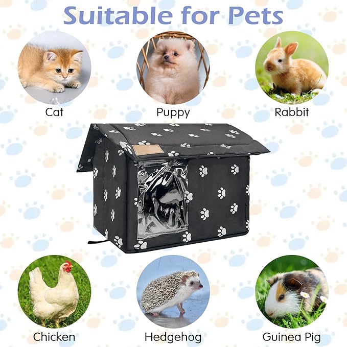 Fhiny Stray Cats Shelter, Waterproof Outdoor Cat House Foldable Warm Pet Cave for Winter Wild Animal Tent Bed Anti-Slip Kitten Cave for Feral Cat Dog Puppy Weatherproof Black (M:15.7"×13.7"×15.7")