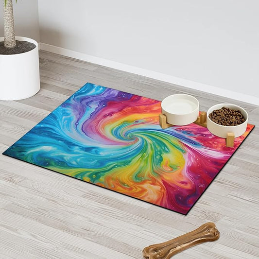 Tie Dye Dog Food Mat for Floors Absorbent, Quick Dry Water Dispenser Mat for Food, Water, Pet Supplies 17" x 30", Boho Colorful