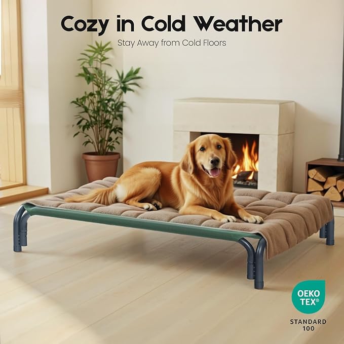 Elevated Dog Bed Raised Outdoor Dog Cot for Medium Dogs, Installation Requires No Tools, Frame with Washable Cooling Breathable Mesh Anti-Slip Feet, Indoor Pet Bed, Green, 35.4 Inches
