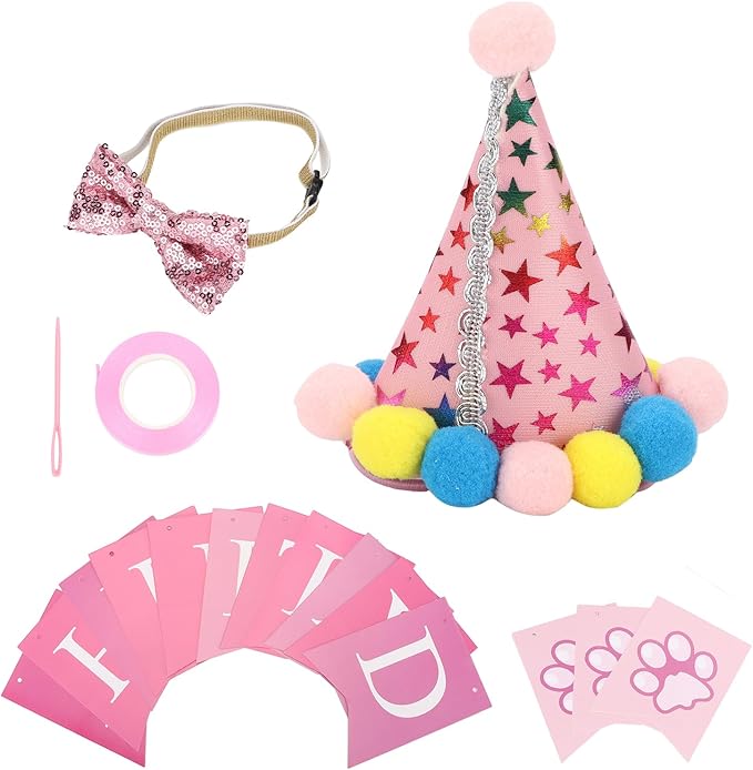 Dog Birthday Hat and Bow Tie Set, Adjustable Soft Pet Birthday Party Supplies with Banner for Small Medium Dogs, Washable Polyester Cotton Decorations for Photo Shoots (Pink)