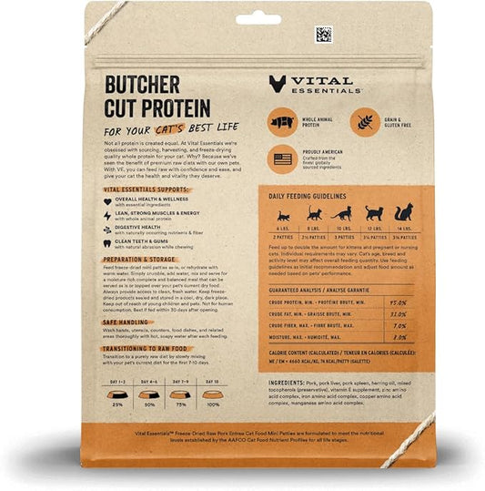 Vital Essentials Freeze Dried Cat Food, Raw Pork Mini Patties | Complete Meal or Topper | Easy to Portion and Rehydrate | High Protein, Grain Free Dry Cat Food |15 oz Bag