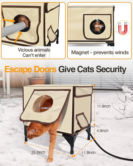 Weatherproof Heated Cat House for Outdoor in Winter, Heated Cat Bed Kitty Shelter with Cat Heating Pad, Insulated & Safe Escape Door, Warm House for Outside Stray Cat (Beige, 17.7"x25.5"x17.9")