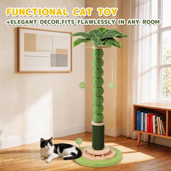 41'' Tall Cat Scratching Post,3.8'' Diameter Sisal Rope Scratcher Ball with Wood Interactive Ball Toy for Indoor Large Cats,Scratcher with 360° Rotating Hanging Ball,Self Groomer Brush for All Cats