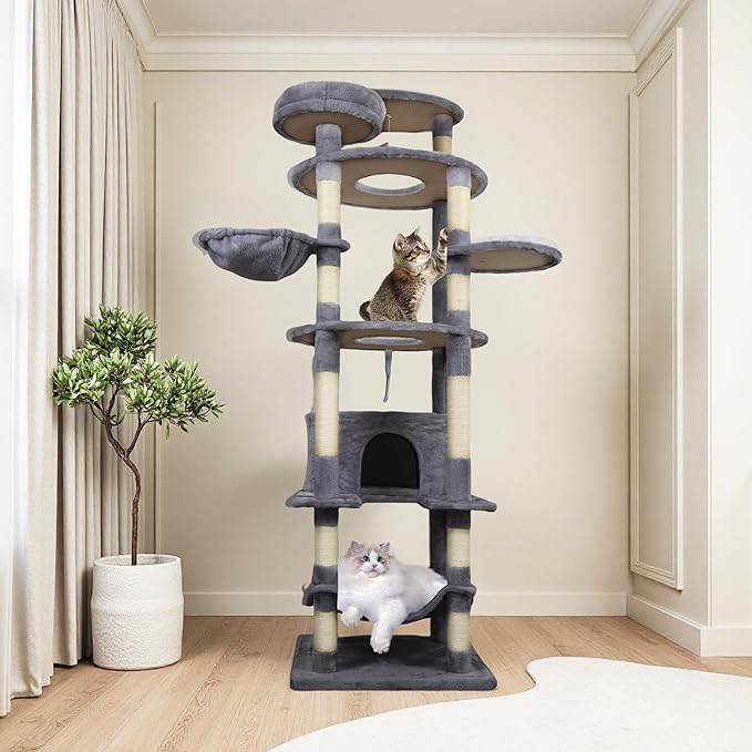 78.8 Inches Cat Tower for Indoor Cats, Cute Cat Tree with Cozy Condo, Platform, Hammock, Sisal Scratch Board and Interactive Toy (Dark Gray)