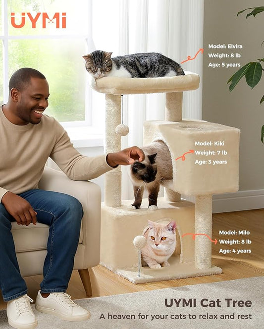 32" Cat Tree Tower for Indoor Cats - 2 Cozy Condos, Multi-Level Cat Scratching Posts with Sisal, Soft Padded Perch, 2 Dangling Toys, Beige