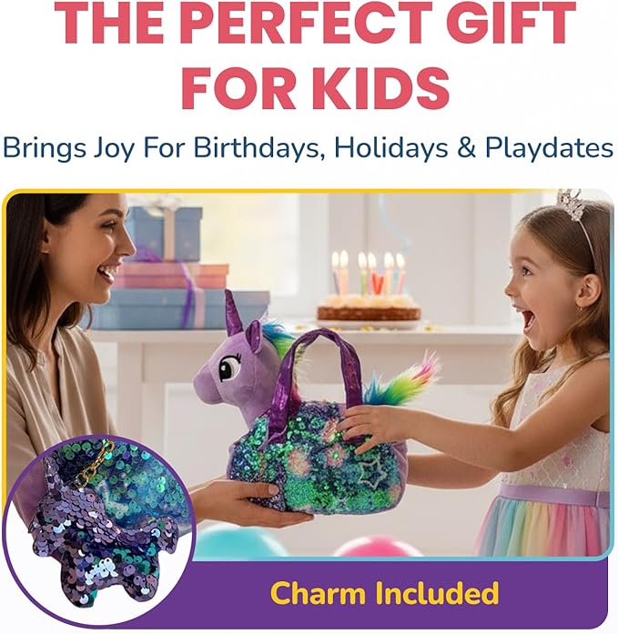 Little Jupiter Plush Pet Set w/Purse - Unicorn Stuffed Animals for Girls - Plush Toy Gift for Girls Ages 3-7 yrs (Light Purple Unicorn)