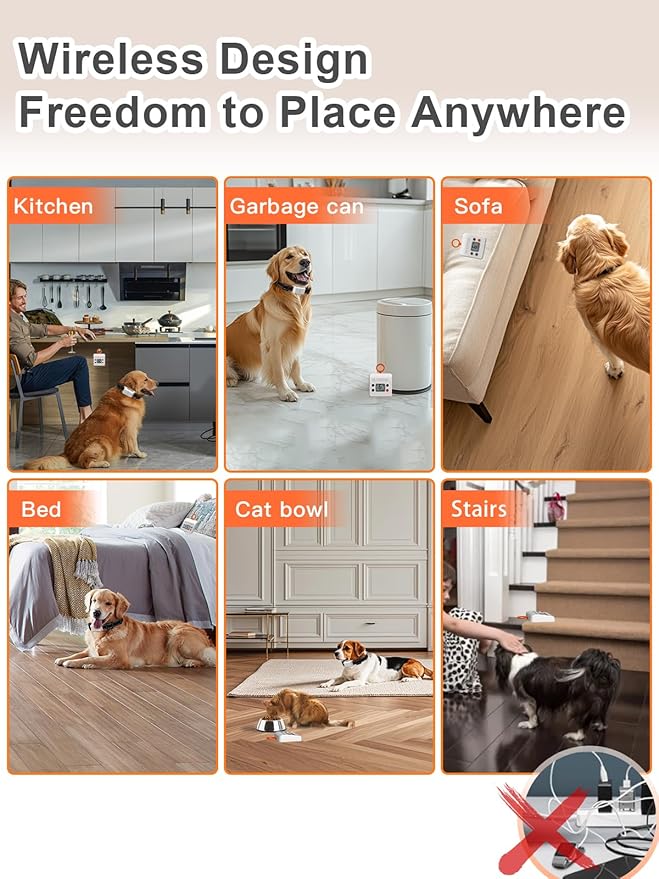 FLYSPEAR Wireless Pet Barrier - Rechargeable Indoor Pet Barrier with 6 Adjustable Range Radius up to 7 ft, 6 Adjustable Safe Static Intensity, Electric Fence System for Dog with Hook