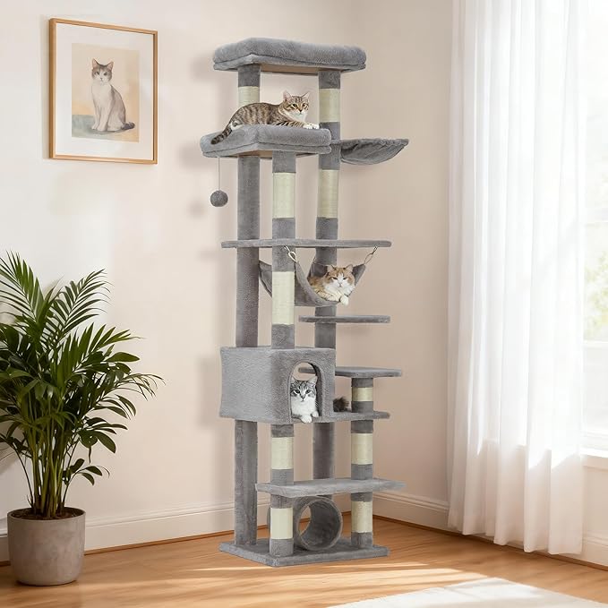 GarveeLife Cat Tree for Large Cat 74",Tall Cat Tower for Indoor Cats with 11 Scratching Posts, Hammock, Large Top Perch,Toy Balls, Sturdy Heavy Duty House for Adult Big Cats