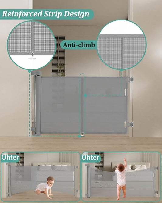 59 inch Retractable Baby Gates 42 inch Tall, Retractable Gate with Reinforced Strip Design to Prevent Crawling Through, 5 FT Retractable Dog Gate for Stairs, Doorways, Hallways, Indoor/Outdoor