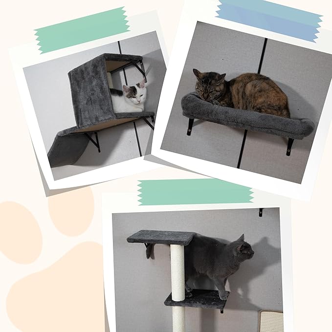 COZIWOW Cat Wall Shelves Set, 5-Piece Wall Mounted Cat Furniture with Cat Tree & Scratching Post, Floating Cat Perches for Indoor Cats(Grey)