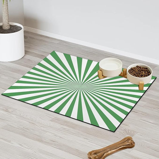 Striped Dog Food Mat for Floors Absorbent, Quick Dry Water Dispenser Mat for Food, Water, Pet Supplies 17" x 30", White Green