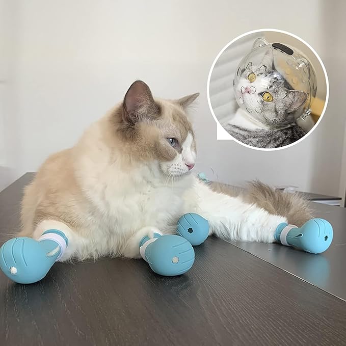 Bubble Muzzle and Boots for Cat Grooming Nail Trimming Cat Astronaut Helmet Grooming Mask with Anti Bite Breathable Silicone Paw Covers (L)