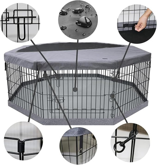 PETIME Foldable Metal Dog Exercise Pen/Pet Puppy Playpen Kennels Yard Fence Indoor/Outdoor 8 Panel 24" W with Top Cover and Bottom Pad (Playpen+Bottom+Top Cover, 8 Panels 30" H)