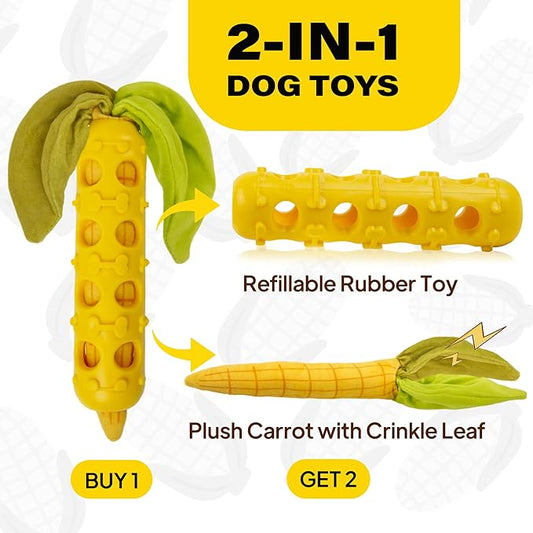 Fida 2-in-1 Puppy Teething Toys, Natural Rubber Chew Toys for Dogs to Keep Them Busy & Plush Toys with Crinkle Leaves, Interactive Dog Toys for Small Medium Breeds and Puppies (Corn)