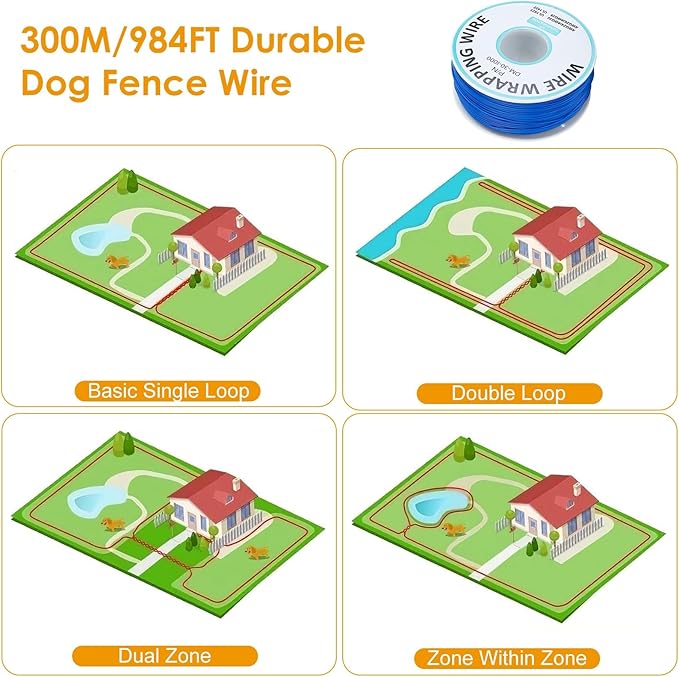 Wireless Dog Fence System, 1.2 Acre Electric Pet Containment System with 2 Waterproof Rechargeable Shock Collar and 984Ft Underground Boundary Wire, Tone/Shock Correction for 2 Dogs