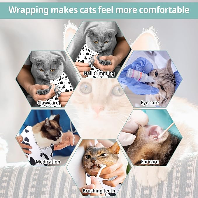 Cat Wrap for Grooming, 21.6x21.6in Soft Fabric Self-Adherent Cat Burrito Towel Restraint Wrap Anti-Bite & Anti-Scratch Cat Swaddle Wrap Washing Bag for Cutting Trimming Clipping Nails Medicine